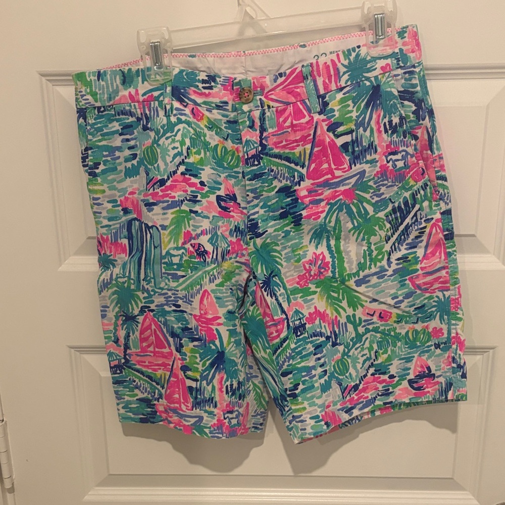 Lilly Pulitzer Men’s Tropical Sailboat Print Shorts in Pink, Green & Blue